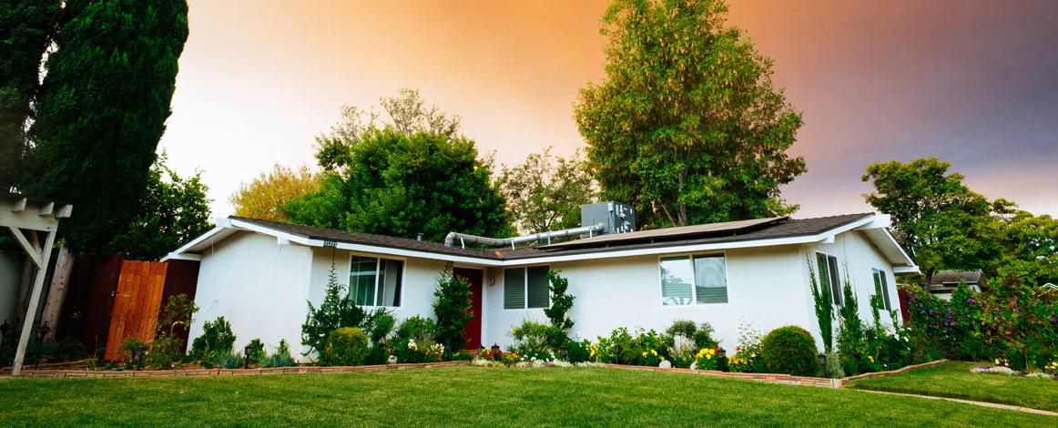 Single-story house at sunset